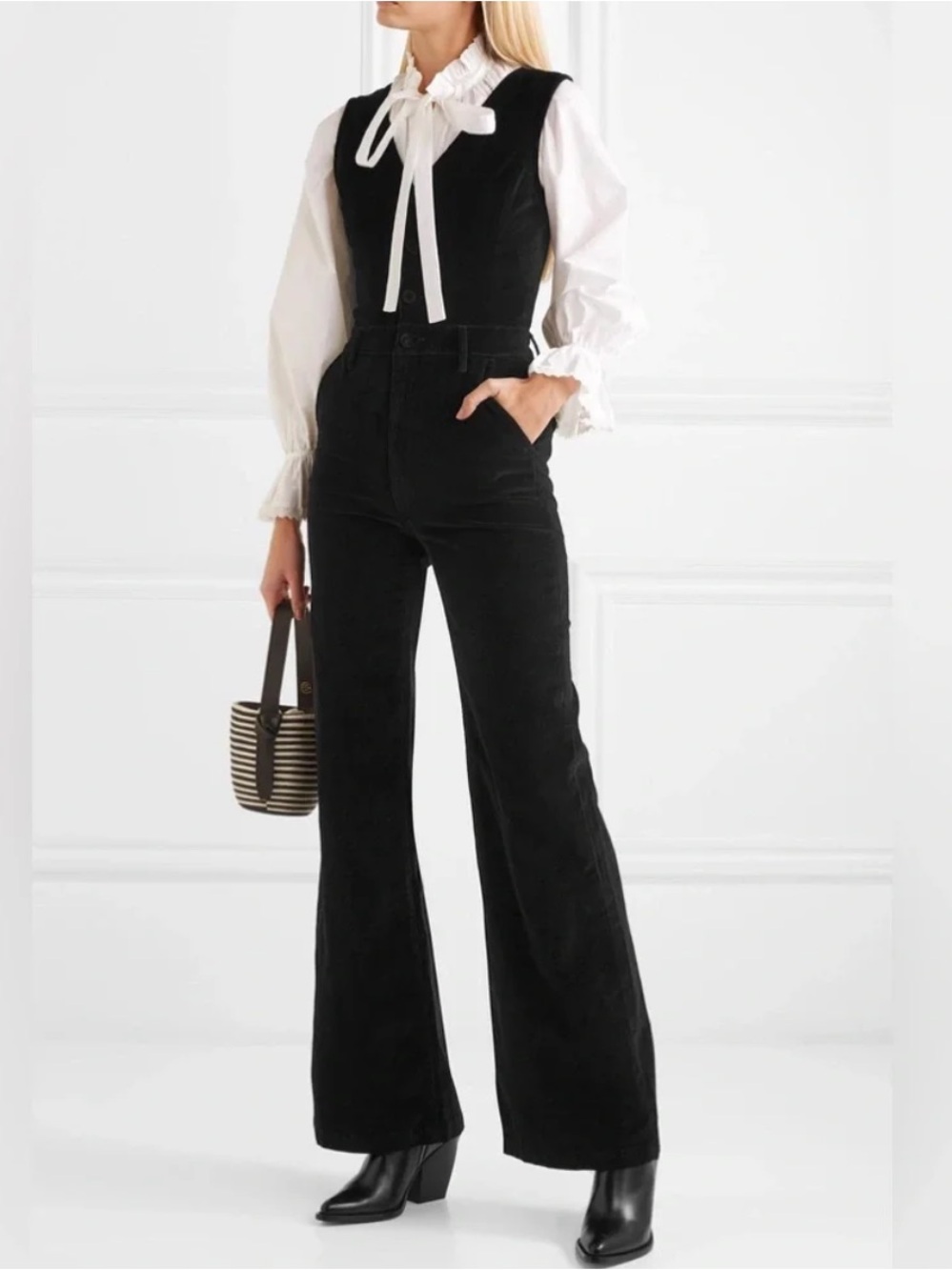FRAME Black Velvet Wide Flared Leg Stretch Jumpsuit Sz L/XL